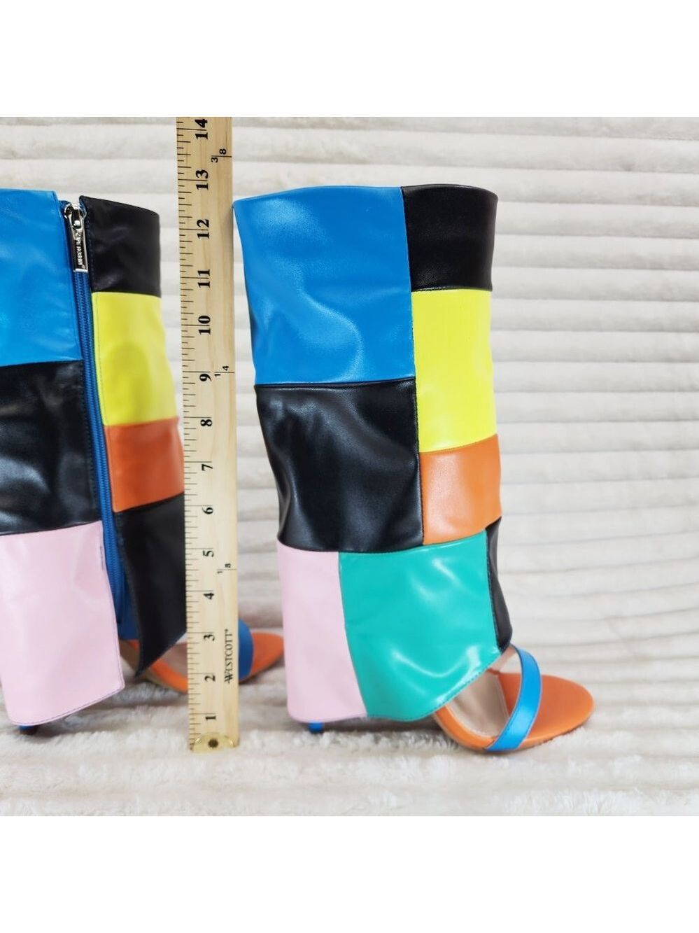 Paris Color Block Stiletto Fold Over Skirted Shootie Boot Sandals - Picture 15 of 15